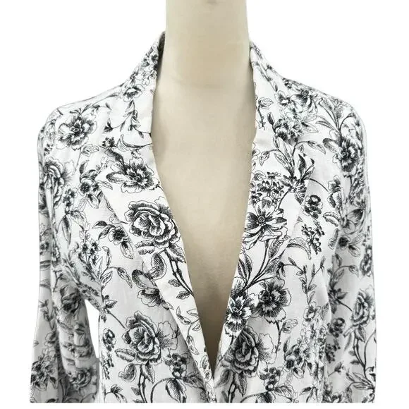 Joie Black & White Floral Print 100 Linen Longline Business Casual Blazer Jacket - Picture 4 of 12